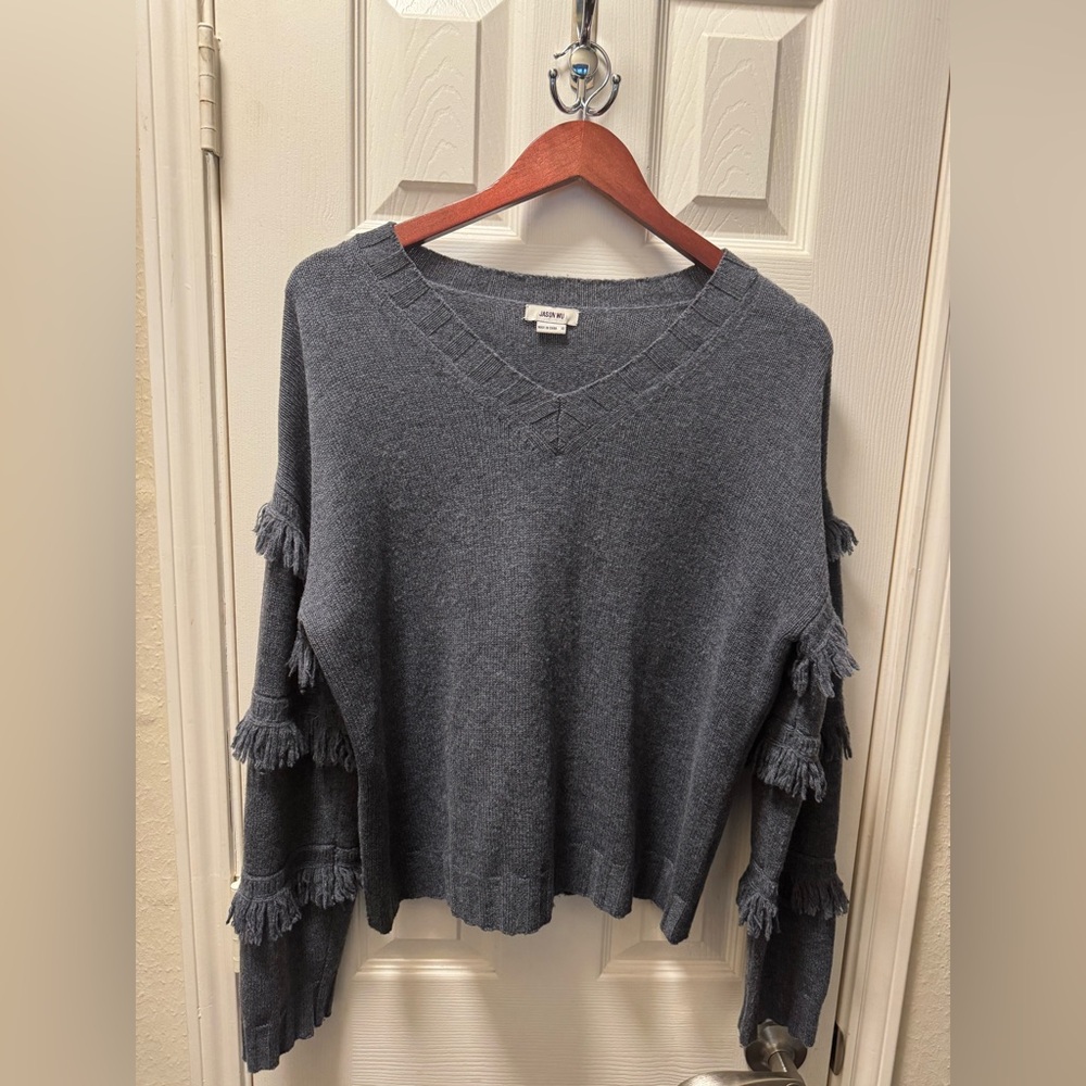 Jason Wu Slate Blue V-Neck Sweater with Fringe Accents, Size XS